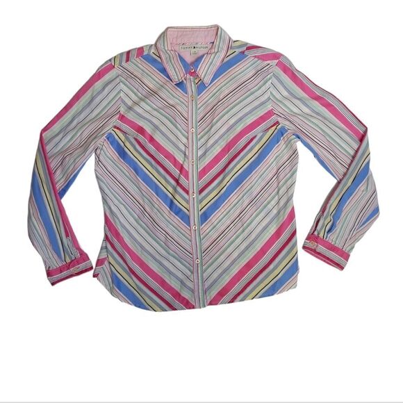 TOMMY HILFIGER Y2K rainbow striped button up shirt L - Picture 1 of 9